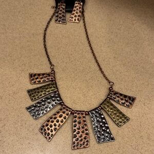 Mixed Metal Multicolor Textured Necklace and Earring Set